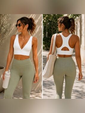 White Longline Plunge Racerback Sports Bra Size S